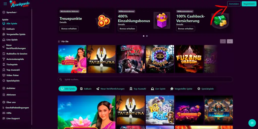 avantgarde casino login browser deutschland